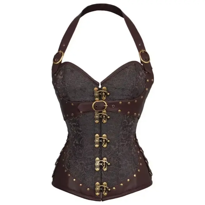 Corset Steampunk en os d'acier, Bustier gothique en cuir avec sangle licou, Corselet rétro médiéval