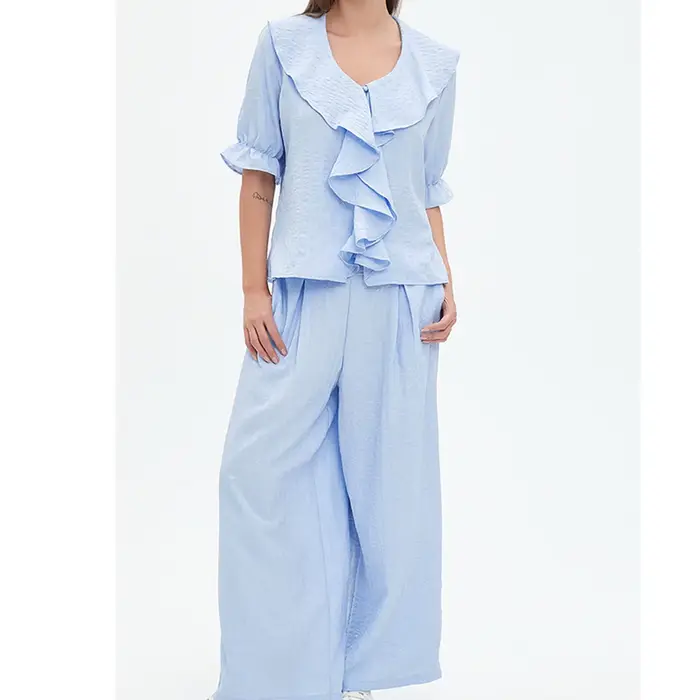 Ensemble pyjama en lin pour femme, 2 pièces, chemise à manches courtes avec volants sur le devant, p