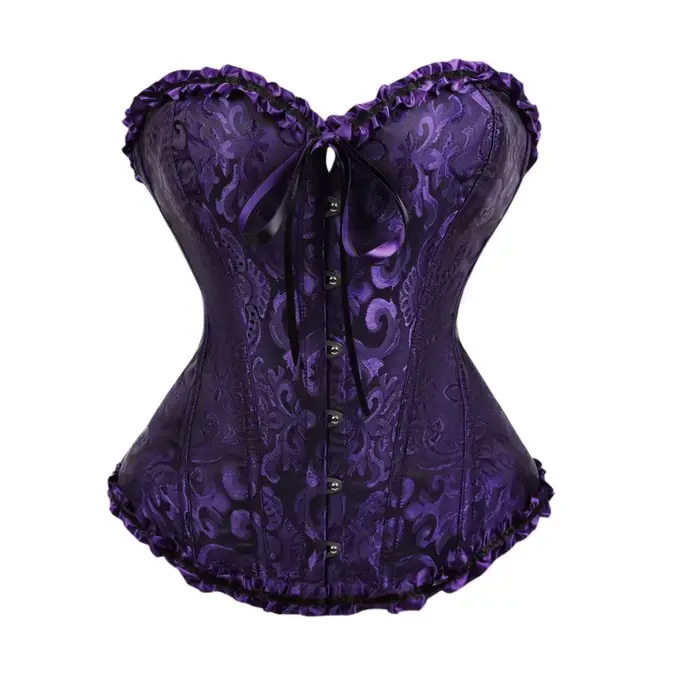 Corset violet jacquard à encolure cœur, fermeture avant, dos à lacets, bordure à volants, style goth