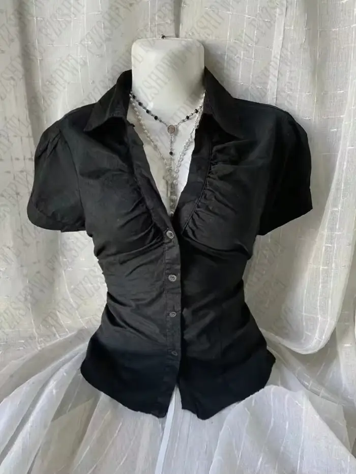 Vintage estetické ženy osobnosť Y2K štíhle oblečenie móda košele Harajuku krátky rukáv topy žena teplé c