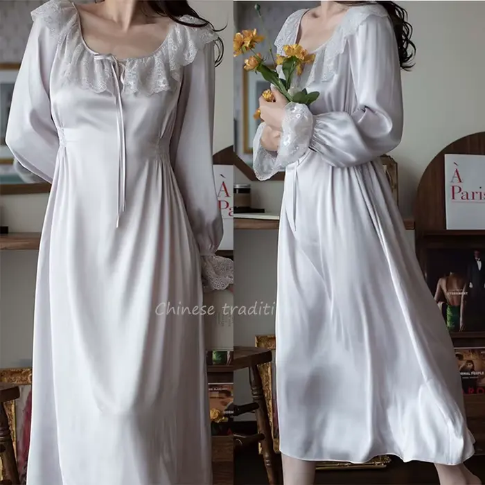Štýlová fialová nočná košeľa, Vintage, Čipka Krk, Nočné oblečenie, Rayon, Satén, S dlhými rukávmi, Spodná bielizeň, Nočné oblečenie