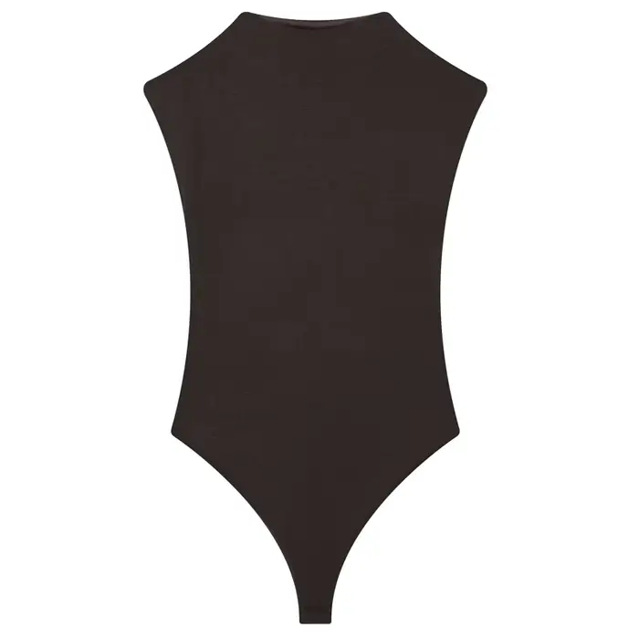 Body moulant marron sexy pour femme, design dos évidé, sans manches, dos nu, col montant, style déba