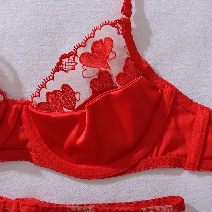 Sada erotického spodného prádla vyšívané červené srdce pre ženy, 4 kusy: Podprsenka s kosticami push-up, Sochársky pás, Nohavičky a podväzok, Sexy spodná bielizeň