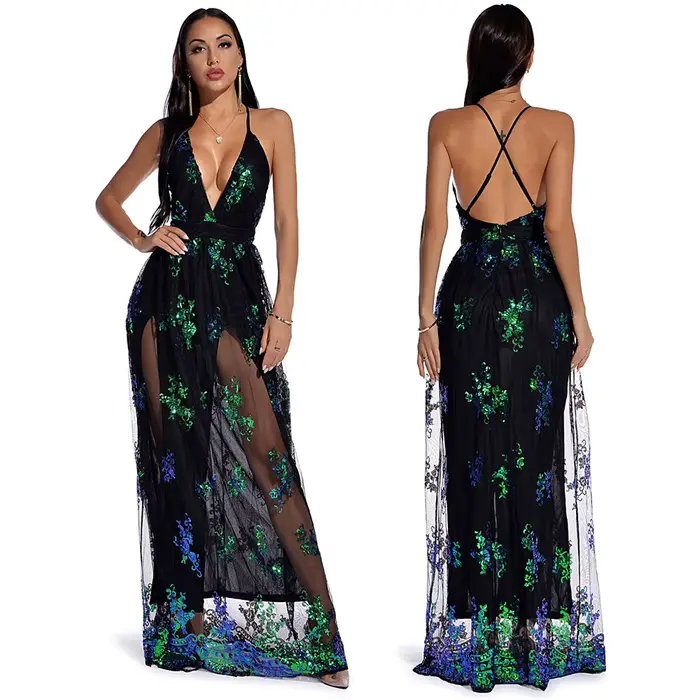 BKLD-Robe à paillettes brodées pour femmes, bretelles spaghetti sexy, col en V, dos nu, robes de soi