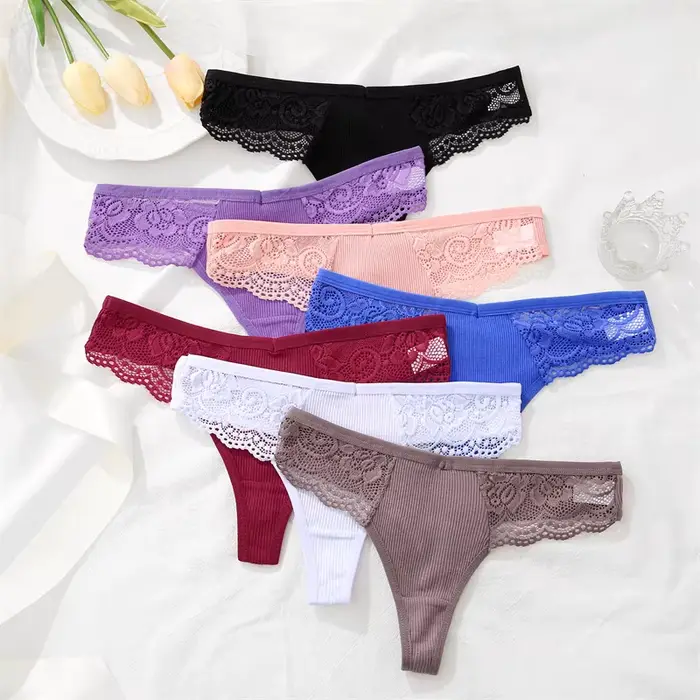 Pletená bavlnená spodná bielizeň zdobená kvetinovou čipkou, 3 kusy, nízky pás, tangá, elegantné a sexy ženské spodné prádlo