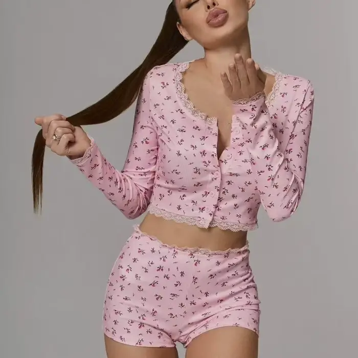 Sexy dámske pyžamo set, kvetinová potlač, mäkké a pohodlné, dlhý rukáv top a šortky, ležérne oblečenie, nočné oblečenie, dvojdielny set, homewear