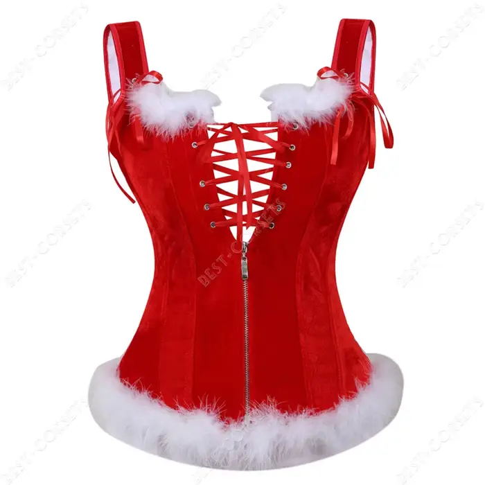 Dámsky červený korzet, vianočný korzet s perami, kostým Santa, sexy karneval Surbust s popruhmi