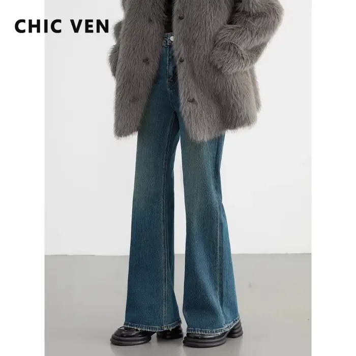 CHIC VEN-Jean évasé taille haute pour femme, pantalon en denim, pantalon en fer à cheval, micro élas