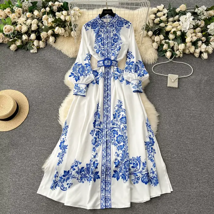 Robe en porcelaine rouge et blanche pour femmes, nouvelle mode, manches longues lanterne, imprimé Fl