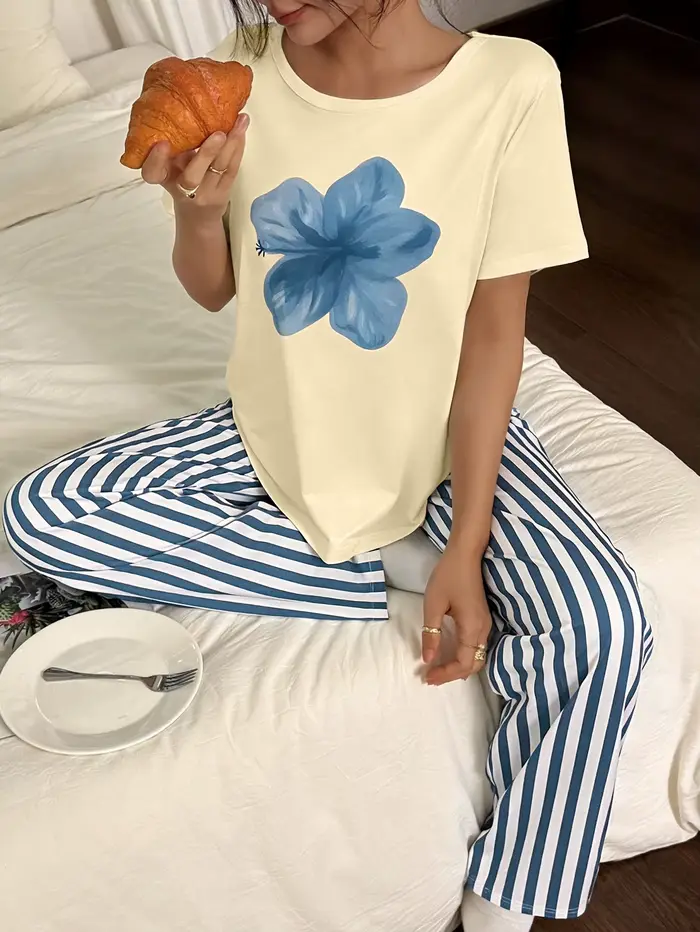 Ensemble de pyjamas pour femmes printemps/été en 2 pièces, confortable et élégant, pyjama à imprimé 
