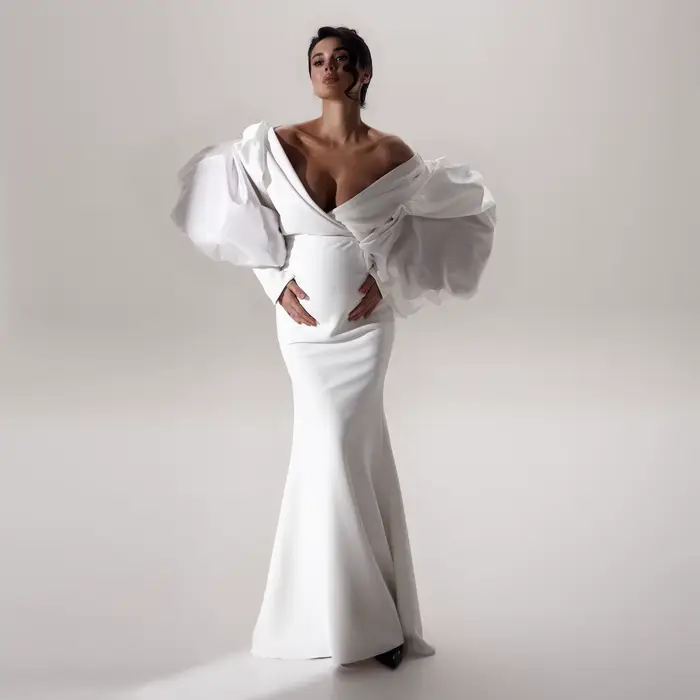 Elegantné biele morské panny tehotenské šaty na fotenie