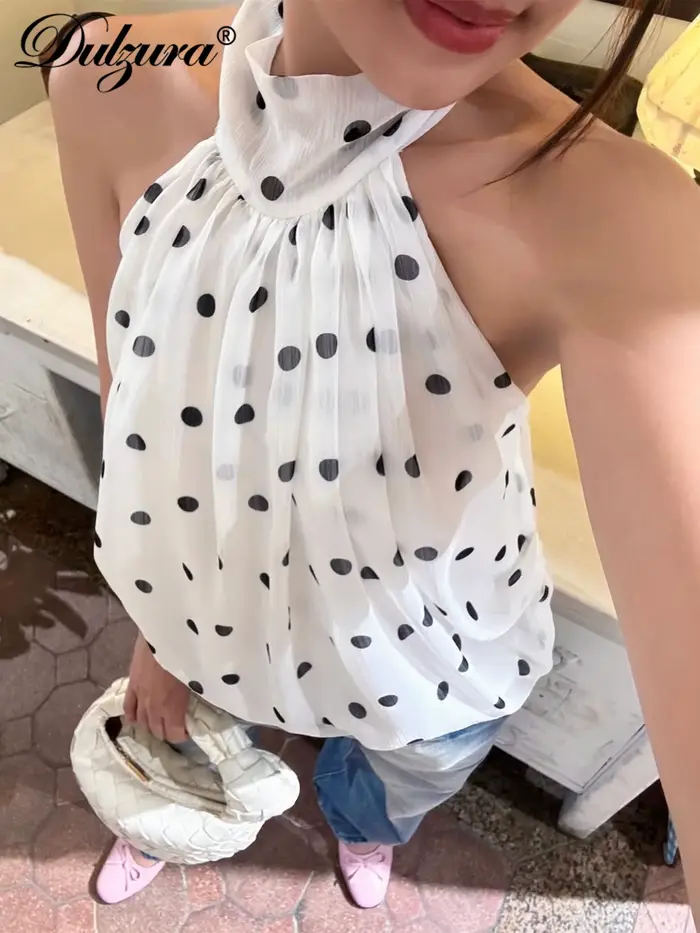 Dulzura Bezramienkový Top Bez Rukávov S Odhaleným Chrbtom S Tenkými Šnúrkami S Bodkovaným Vzorom Z Hodvábneho Šifónu Sexy Elegantný Neformálny Y2K