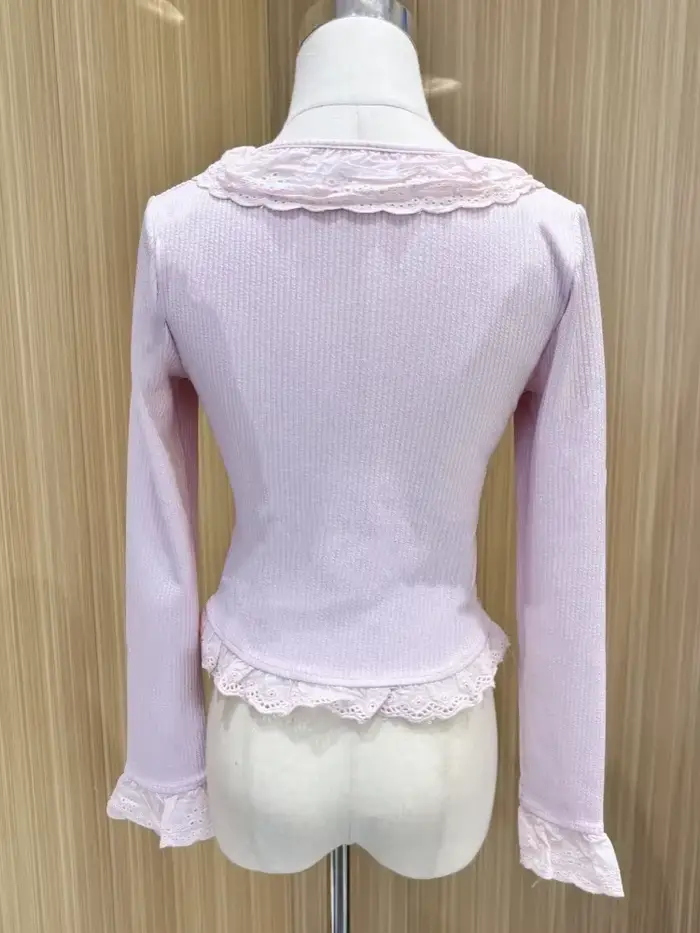 Chemisier Lolita en dentelle pour femme, tricot, coréen, élégant, manches longues, japonais, décontr