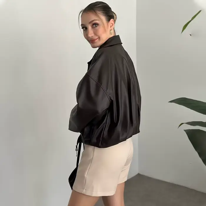 Veste en cuir tendance pour femme, blouson bomber vintage en similicuir, fermeture éclair unie, col 