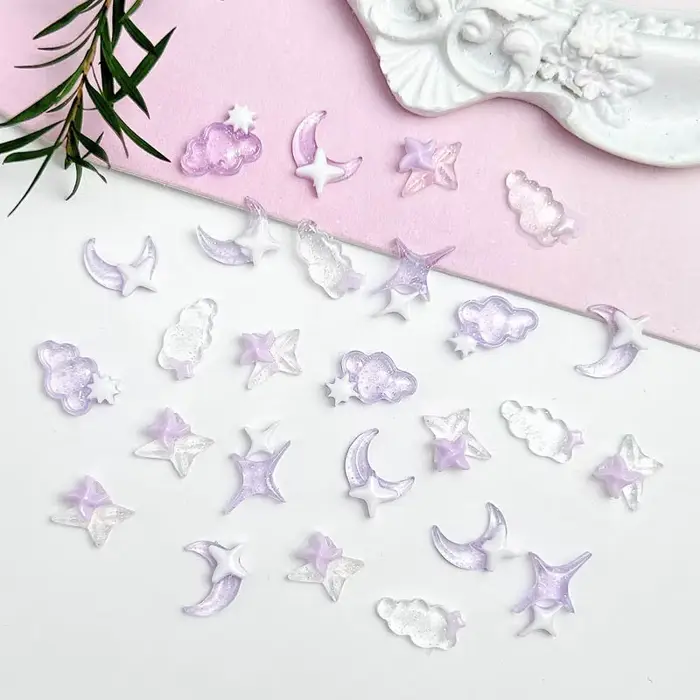 Breloques en résine transparente pour Nail Art, lune, nuage, blanc, violet, étoile à quatre branches