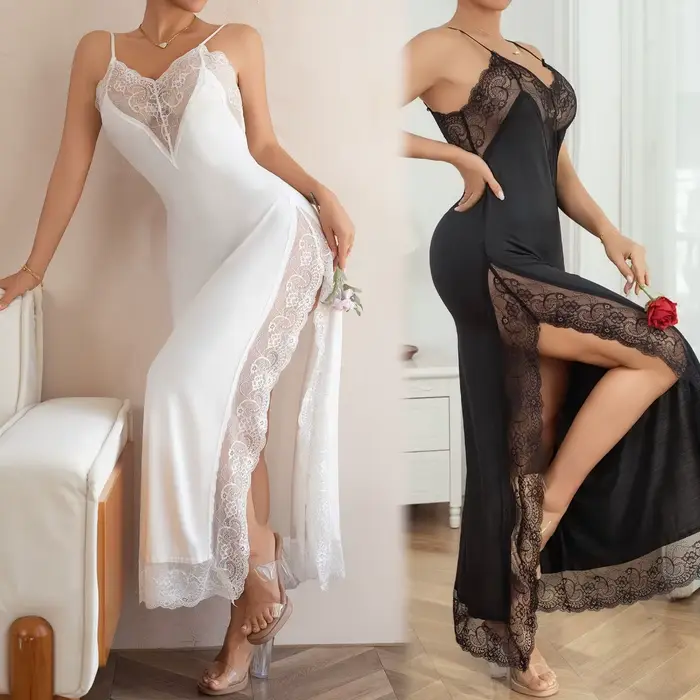 2025 nový módny asymetrický výstrih do V nočná košeľa pre ženy čipka patchwork bez rukávov popruhy elegantná