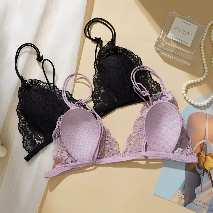 Soutien-gorge sexy triangle en polyester et coton avec dentelle pour femmes petites poitrines occasions spéciales