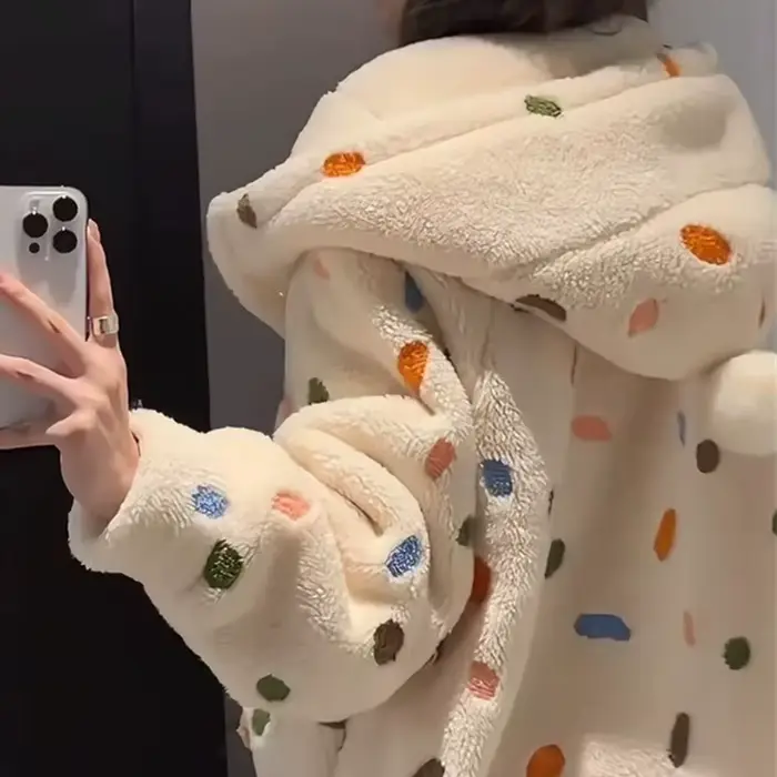 Dámske polka dot šaty, oblečenie na spanie, zimná nočná košeľa, teplé fleece pyžamo, jednodielne, s kapucňou, s dlhými rukávmi, domáce oblečenie