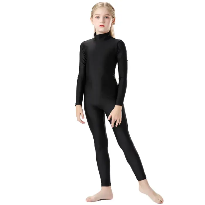 OVIGILY – čierny bodysuit s dlhým rukávom pre dievčatá, tanečný oblek s rolákom, baletný gymnastický trikot pre deti
