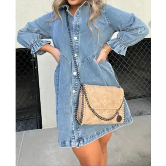 Robe chemise en jean pour femme, col rabattu, manches lanterne, simple boutonnage, ligne A, robe édu