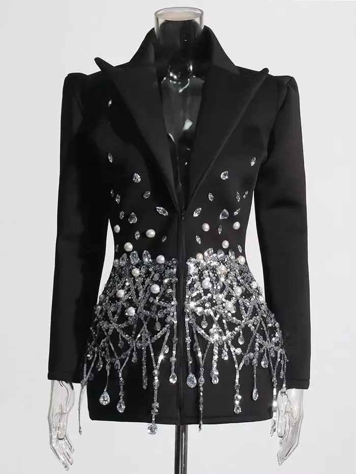 DEUX TWINSTYLE Patchwork Paillettes Tempérament Robe Pour Les Femmes Revers À Manches Longues Taille