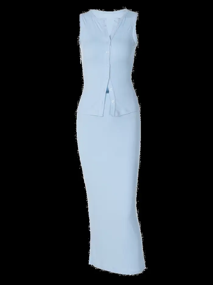 Dulzura – costume assorti sans manches, côtelé, simple boutonnage, chemise haute, jupe Maxi, vêtemen