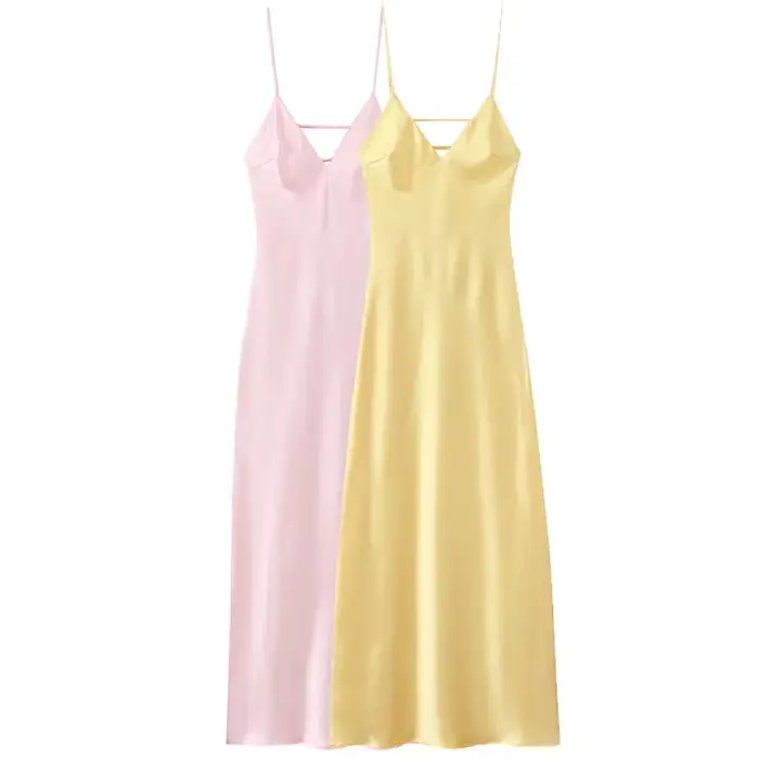 HXAO femmes jaune robe d'été 2025 femme Satin col en v robes de soirée élégante soirée sans manches 