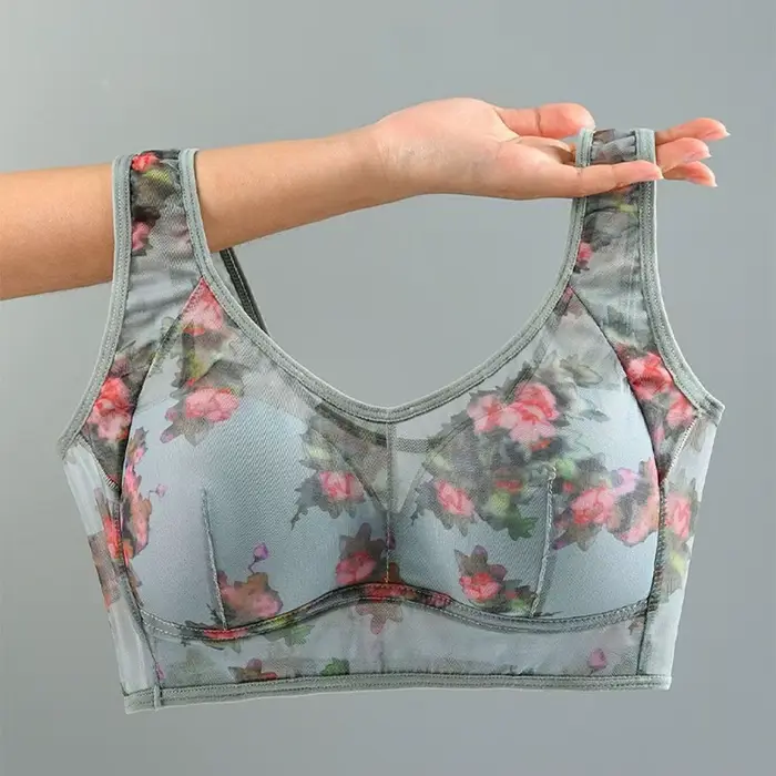 Soutien-gorge de nuit push-up en dentelle florale pour femme, sans couture, grande taille, imprimé floral, sous-vêtement type débardeur, avec bande élargie, en maille de soie glacée, pour personnes âg