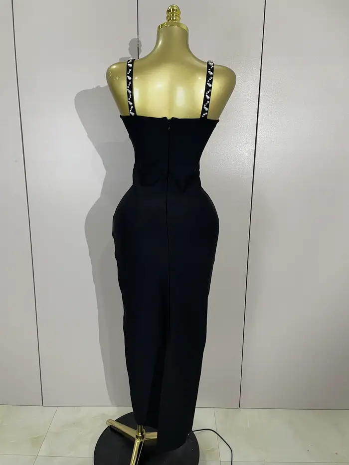 2025 Nouveau Sexy Dos Nu Noir Perles Longue Moulante Bandage Robe Femmes Célébrité Élégant Soirée Cl