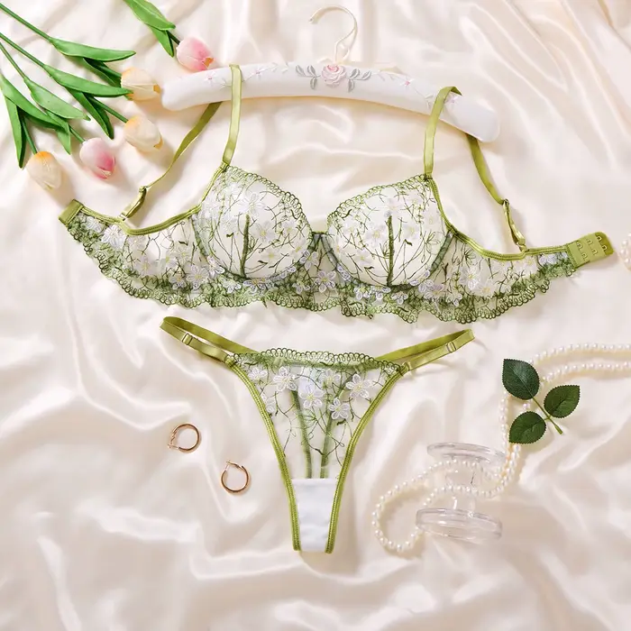 Lingerie une pièce en dentelle florale verte sexy et transparente, brodée, style français doux et pa