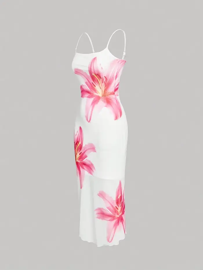 Elegantné kvetinové šaty pre juniorky, silueta plášťa, štvorcový výstrih, kvetinové vzory, pletený polyester, bez rukávov, slim fit, stredná dĺžka teľa, letné a špeciálne príležitosti