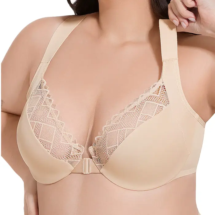 Soutien-gorge Sexy en dentelle pour femmes, fermeture frontale, maille métallique, grande poitrine, 