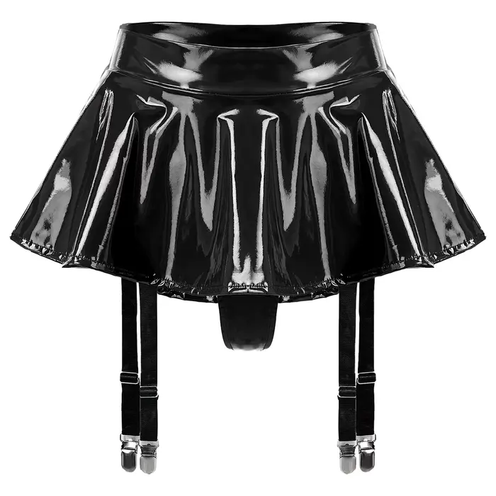 Ensemble de lingerie sexy pour femme en cuir verni effet mouillé, soutien-gorge sexy sans armatures à bonnets ouverts avec volants, strings intégrés, porte-jarretelles et mini-jupes