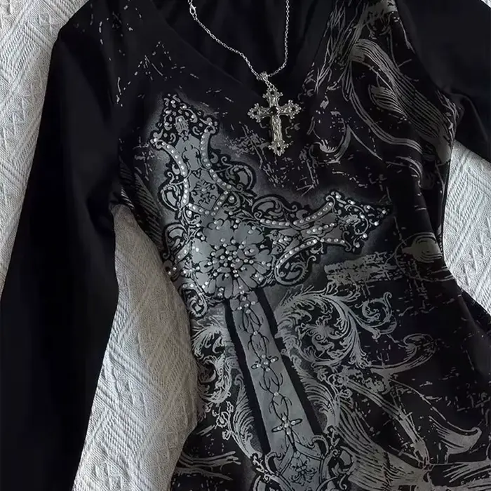 Dámske hip hop 90s vintage punk tričko jeseň streetwear sexy krátky rukáv gotické štíhle krátke top hotgirl dekorácia