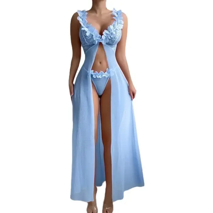 Sexy nočná košeľa čipka Set pre ženu, dlhé šaty štýl, s armatúrou popruhy, priehľadný kvetinový vzor, zvodný dizajn, Bold Cross Strap Set