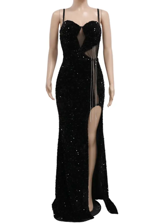 Sexy čierne priehľadné šaty s flitrami pre ženy elegantné obtiahnuté spoločenské šaty na ples polyester élasthanne ajustement parfait soirée de gala bal fête privée