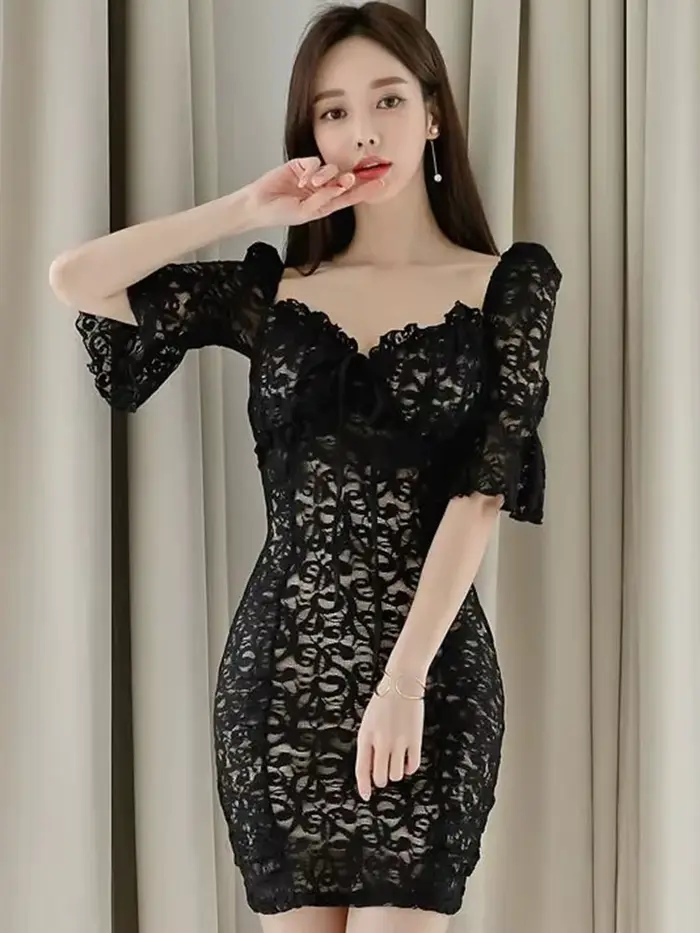 Mini robe fourreau en dentelle noire pour femme, col frontal, nœud, manches évasées, taille haute, r