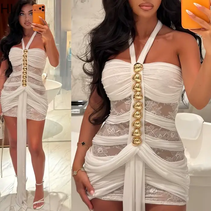 HLJ Sexy šaty s golierom pre ženy, hladká pletená priehľadný, bez rukávov, bez chrbta, pre klub, party, narodeniny, Vestidos