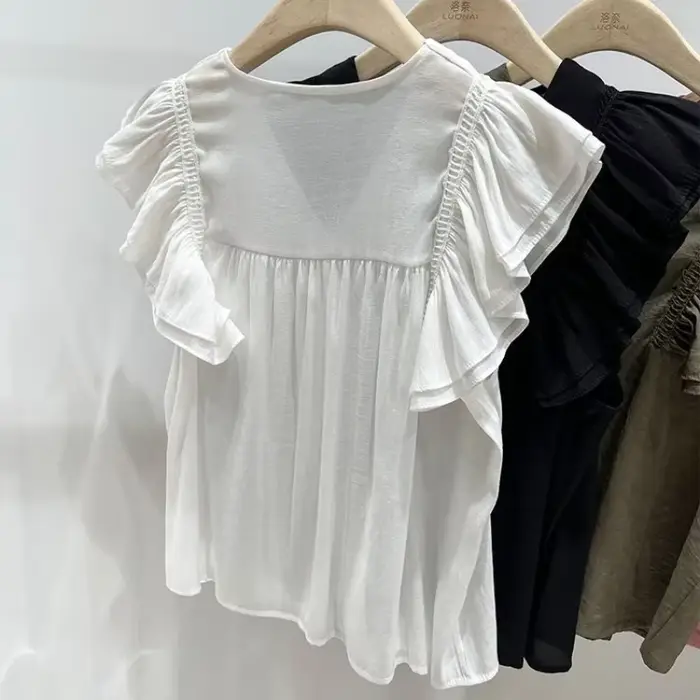 Chemises à manches volantes pour femmes, style français, à volants, de niche, solide, tout assressen