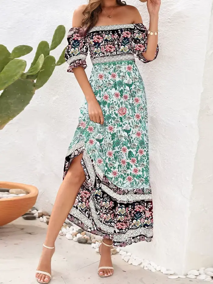Robe longue plissée à imprimé Floral, style Boho, tenue de plage, manches courtes, col carré, à vola