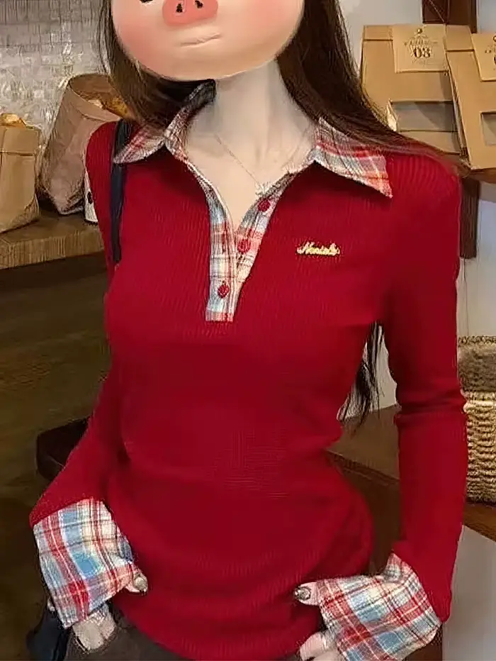 T-shirt à col polo à carreaux pour femme, manches longues, effet deux pièces, haut basique, chemisie
