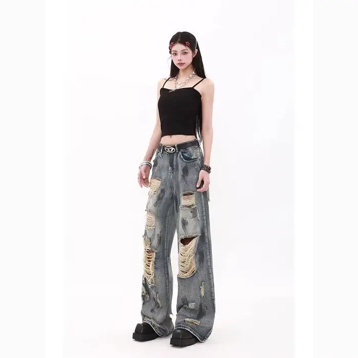 Jean ample bleu déchiré style Y2K rétro américain taille haute tendance pour hommes et femmes, coupe