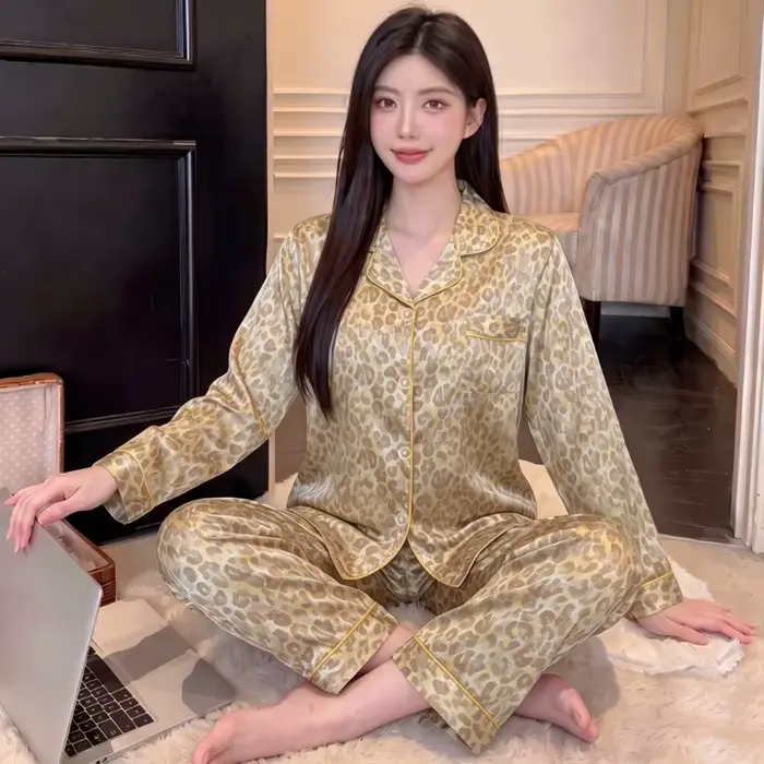Pyjama Femme 2 Pièces Imprimé Léopard Mode Luxe Français Vêtement de Nuit Simple Vêtement de Maison 
