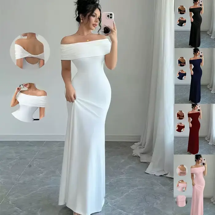 Robe de soirée à épaules dénudées, robe mi-longue moulante sexy sans manches pour femmes, robe de co