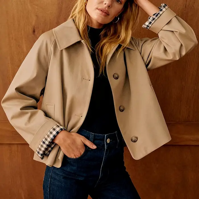 Nouveau Trench court pour femmes revers boutonné surdimensionné décontracté veste courte avec doublu
