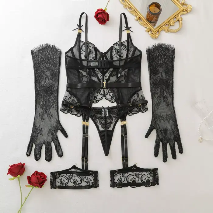 Ensemble de lingerie haut de gamme Ellolace pour femme : Corset en dentelle Willowy, string, 2 pièces avec manchettes de jambe et gants, tenue florale ajustée, lingerie sensuelle