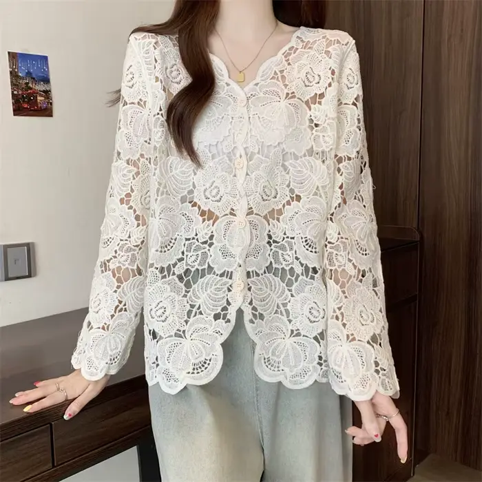 Boring Honey veľká veľkosť čipka háčkovanie výstrih do V košeľa s dlhým rukávom pre ženy módny všestranný elegantný