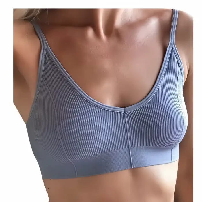 Soutien-gorge sans couture en nylon et spandex côtelé pour femme, col en V, dos en U, bretelles réglables, lingerie sexy et sous-vêtement de sport, taille M-L
