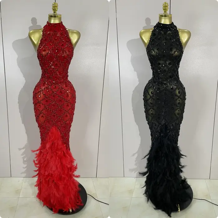 Luxe brillant rouge strass plume Sexy maille voir à travers longue robe femmes anniversaire soirée d