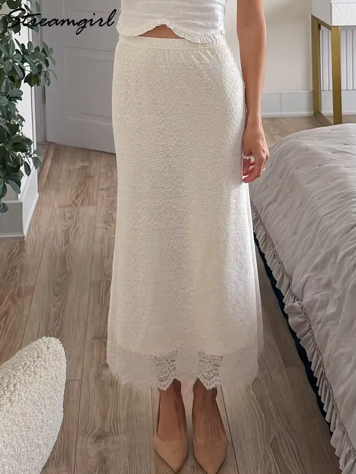 Biela čipka sukne Maxi Bodycon Dámska kancelária držal elegantné formálne sukne s čipkou Lady elastickým pásom čipka dlhé čierne sukne